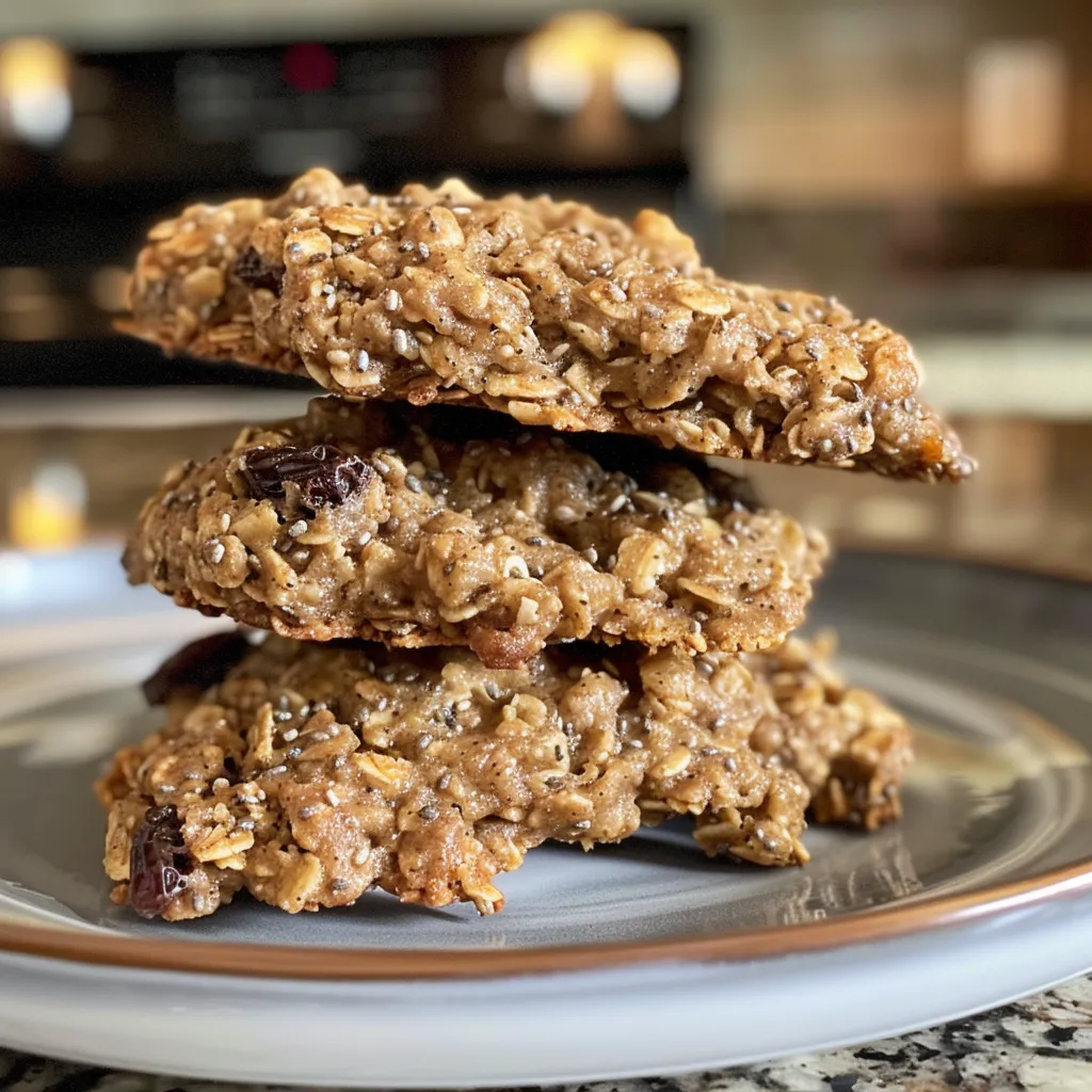 Side view of healthy oatmeal cookies, highlighting oats, raisins, and chocolate chips.
