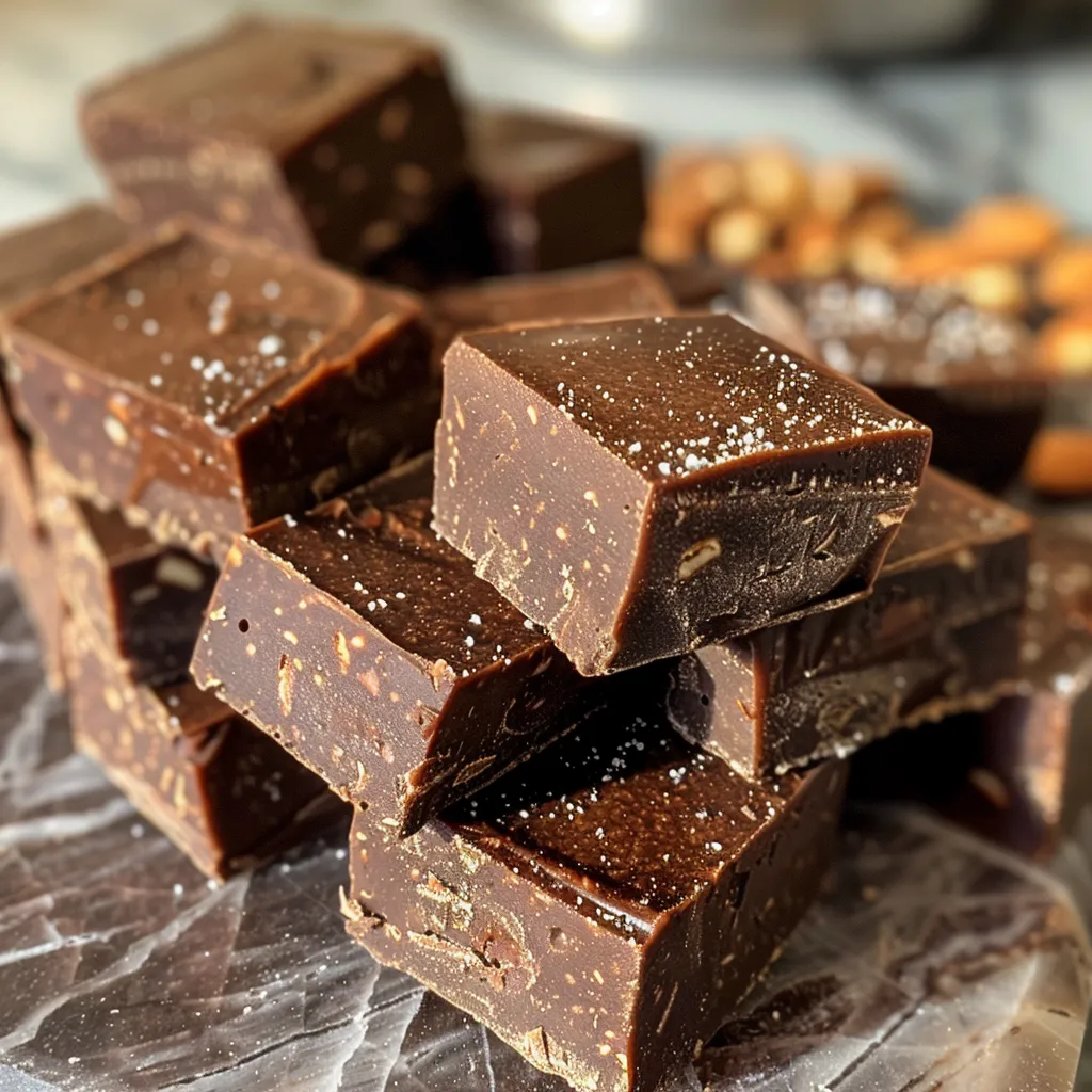 Close-up view of a slice of healthy fudge topped with nuts and dried fruit.