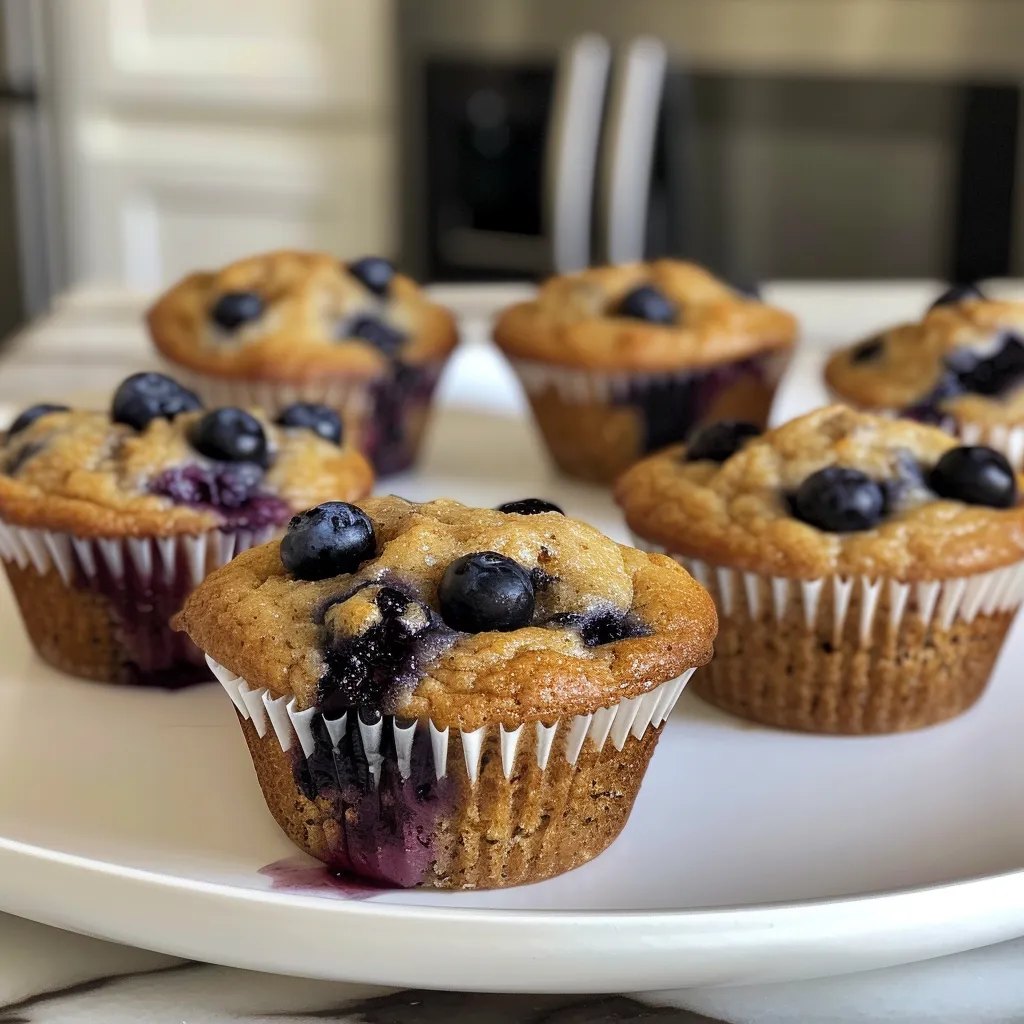 Side view of healthy blueberry muffins showcasing their fluffy texture.