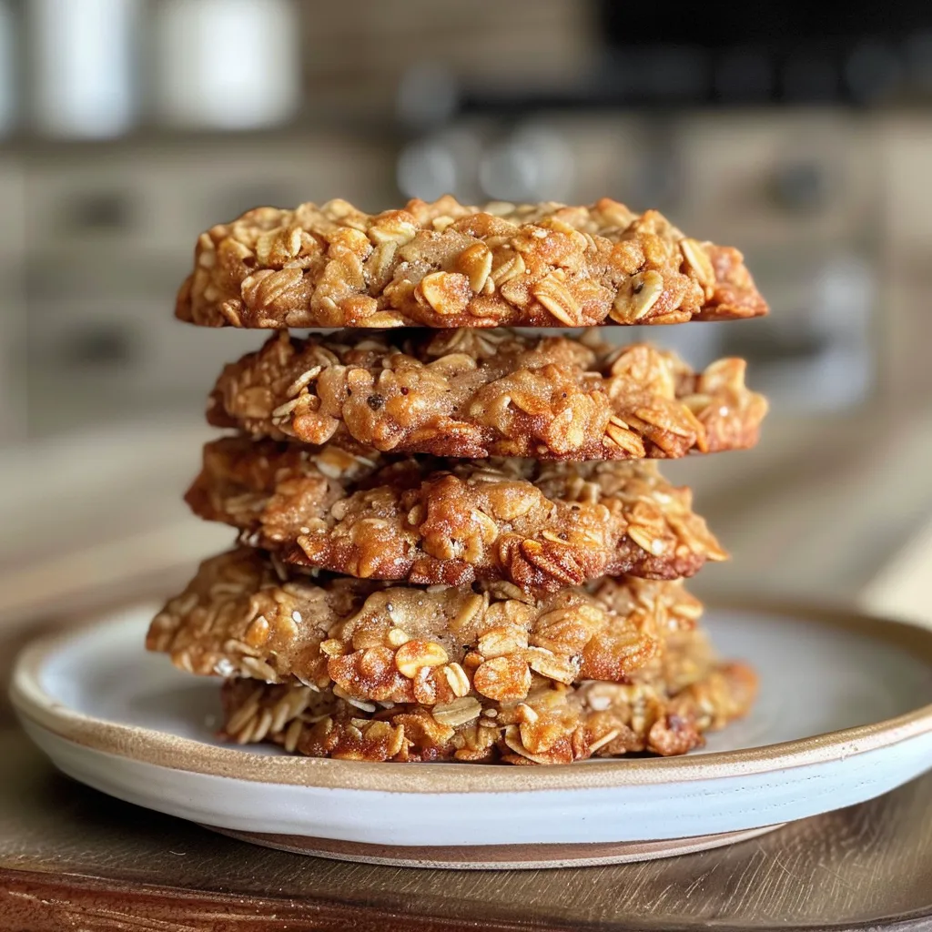 A side view of chewy oatmeal cookies, showcasing their texture and ingredients.