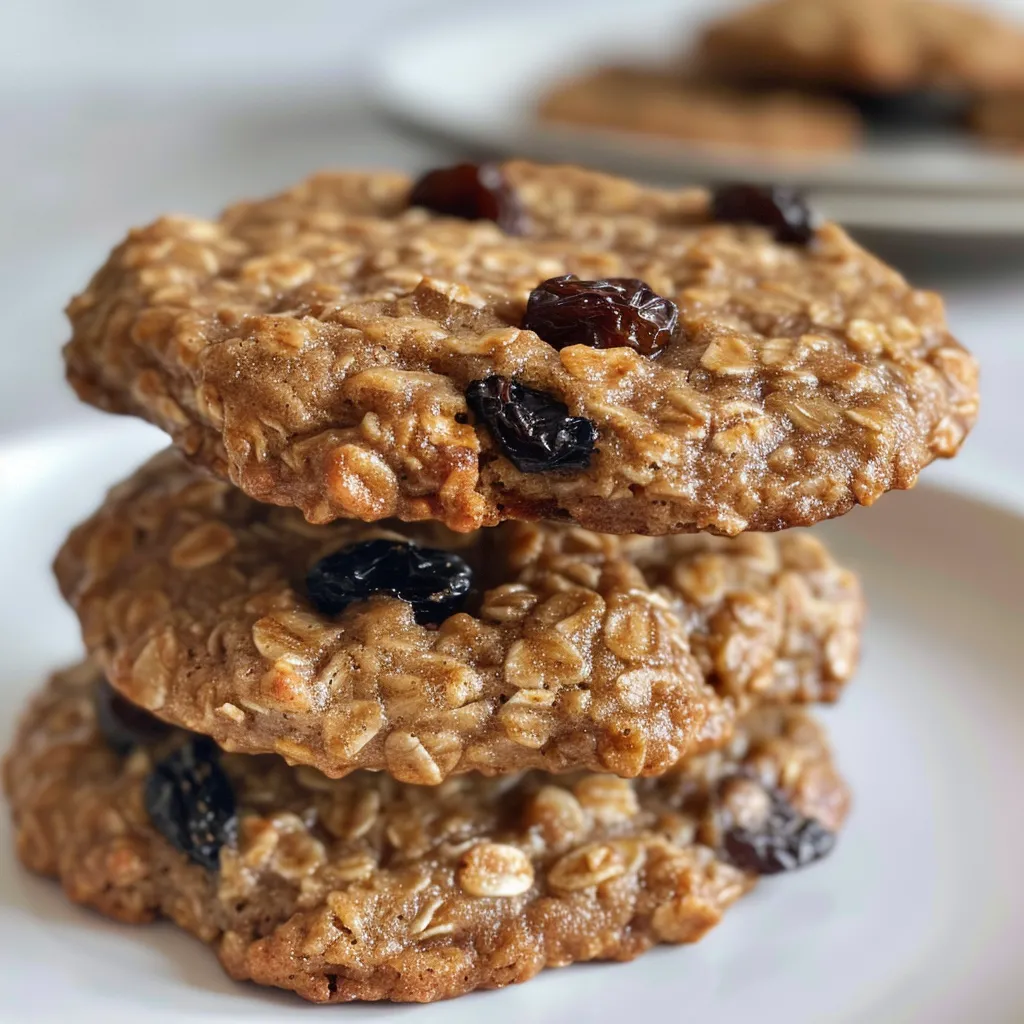 Side view of soft oatmeal raisin cookies, highlighting their golden-brown color and chewy appearance.