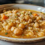 Close-up view of a bowl filled with hearty chickpea and rice soup, showcasing vibrant ingredients.
