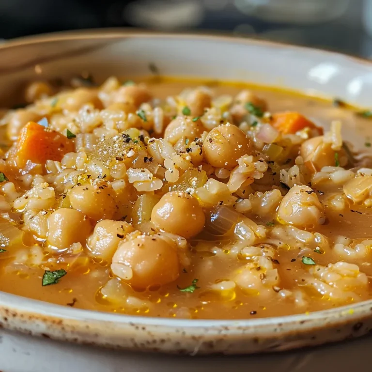 Close-up view of a bowl filled with hearty chickpea and rice soup, showcasing vibrant ingredients.