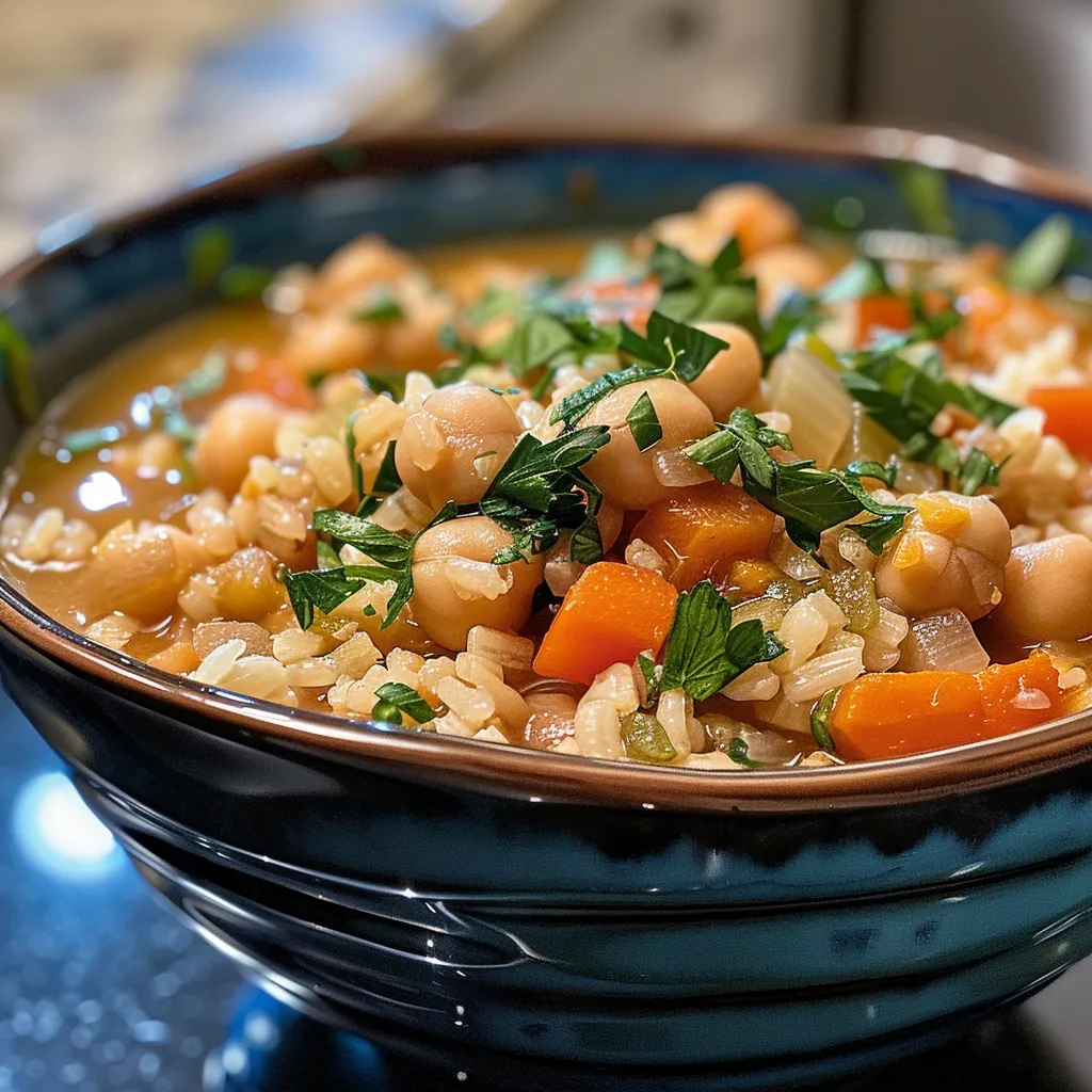 Side perspective of a steaming bowl of chickpea and rice soup on a wooden table.