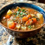 Close-up side view of a warm bowl of hearty lentil and potato soup garnished with fresh parsley.