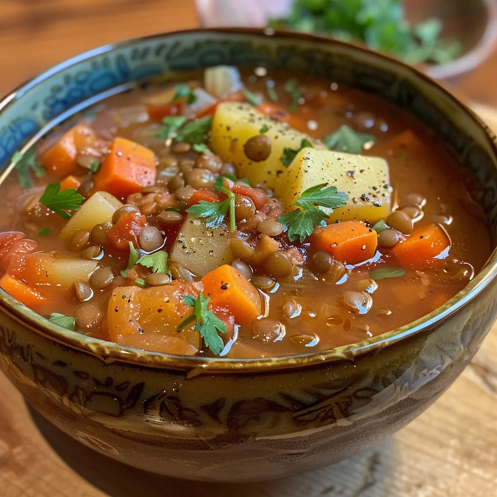 A richly colored lentil and potato soup with diced vegetables visible, served in a rustic bowl.