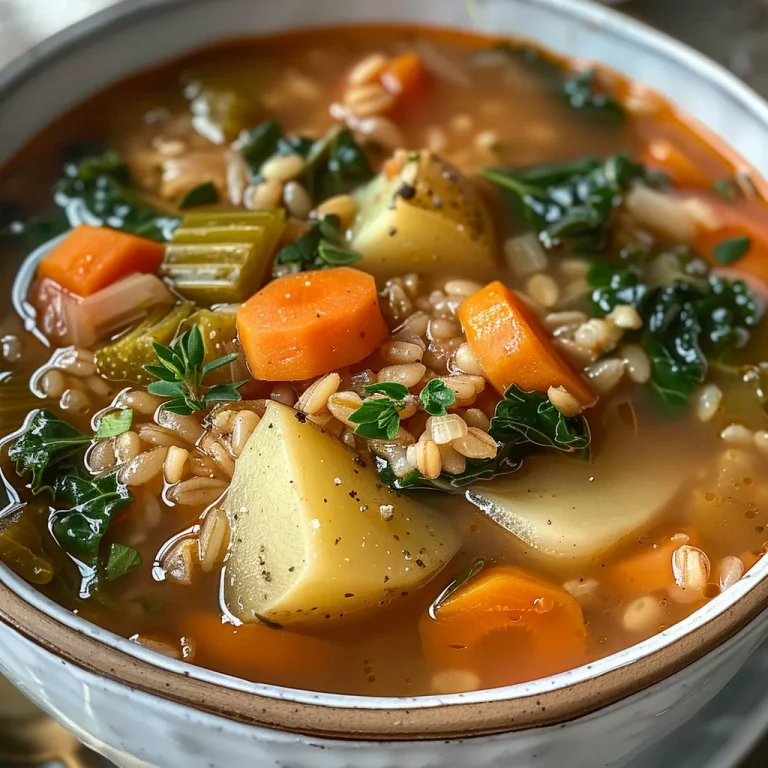 Close-up view of a bowl of hearty winter vegetable and barley soup with vibrant vegetables visible.