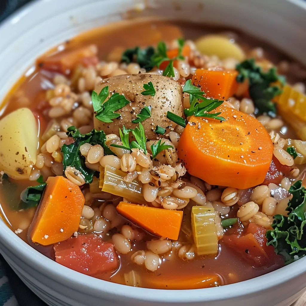 Side view of a steaming bowl filled with colorful vegetables and barley, garnished with parsley.