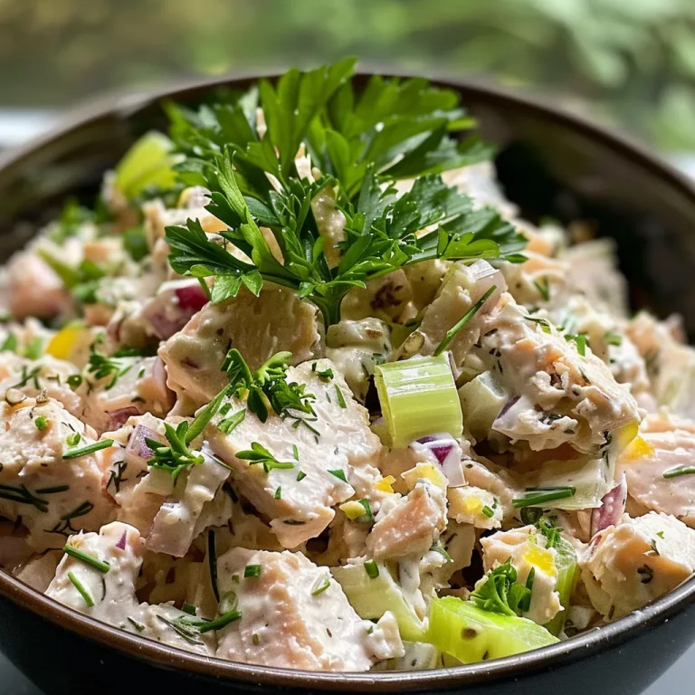 A close-up view of a colorful Herbed Tuna Salad with fresh vegetables and herbs.