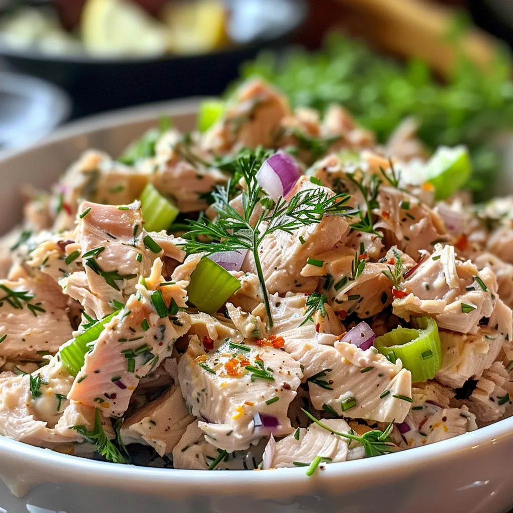 A vibrant bowl of Herbed Tuna Salad featuring chunks of albacore tuna and chopped vegetables.