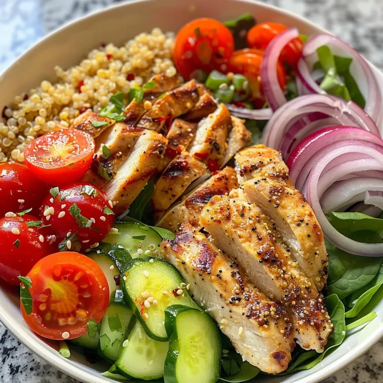 Close-up view of a vibrant chicken and quinoa power bowl with fresh vegetables.