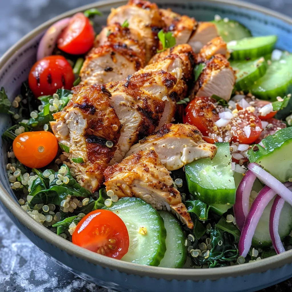 Deliciously arranged high protein chicken and quinoa bowl featuring colorful ingredients.