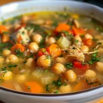 Close-up view of a hearty chickpea and chicken soup with vegetables.