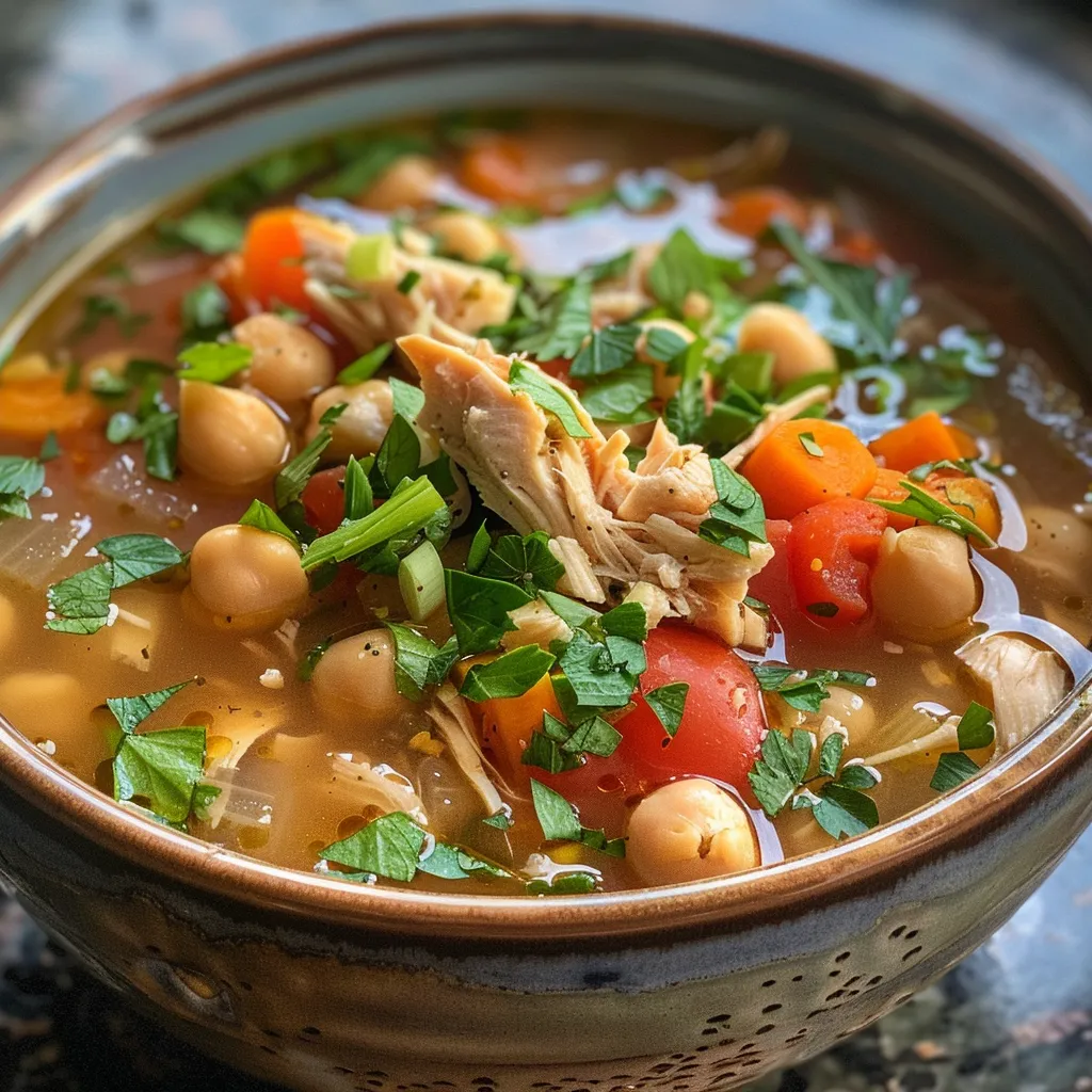 Side angle of a bowl filled with high-protein chickpea and chicken soup.