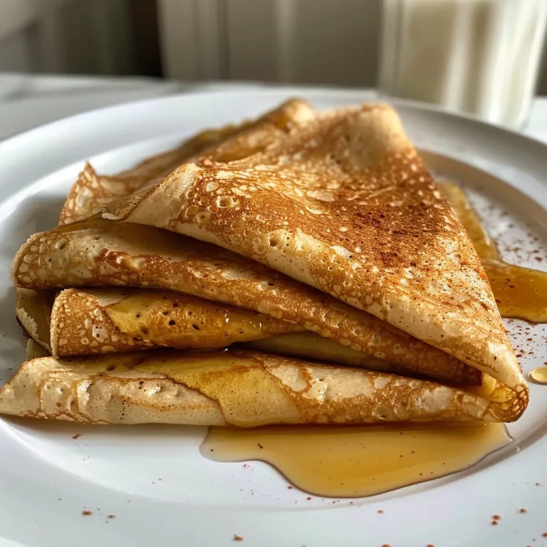 Whip Up a Batch of Fluffy High Protein Cinnamon Crepes That Wow! Close-up side view of fluffy high protein cinnamon crepes stacked on a plate, showcasing a golden-brown color.