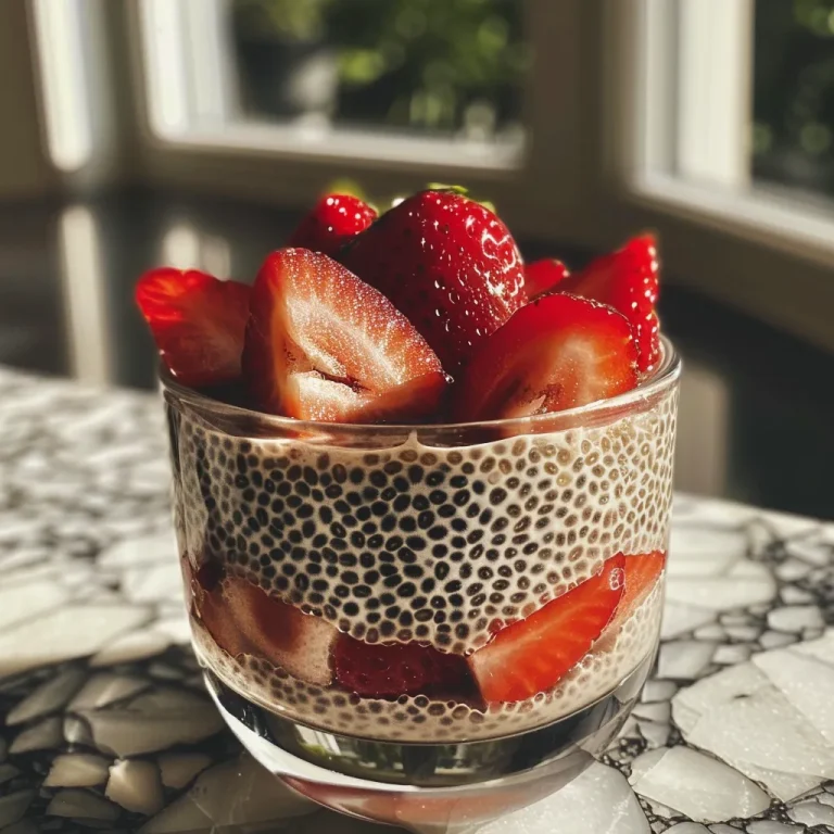 Side view of a creamy strawberry chia seed pudding in a glass jar, topped with fresh strawberries.