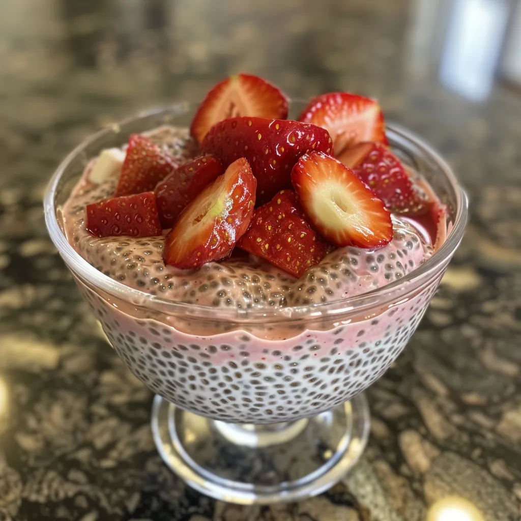Close-up shot of strawberry chia seed pudding with layers, showcasing its texture and vibrant color.