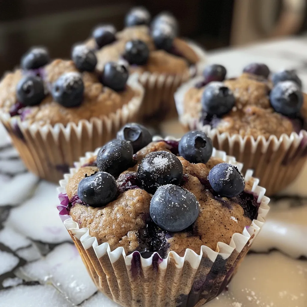 Freshly baked blueberry protein muffins with a slightly glossy surface and scattered blueberries on top.