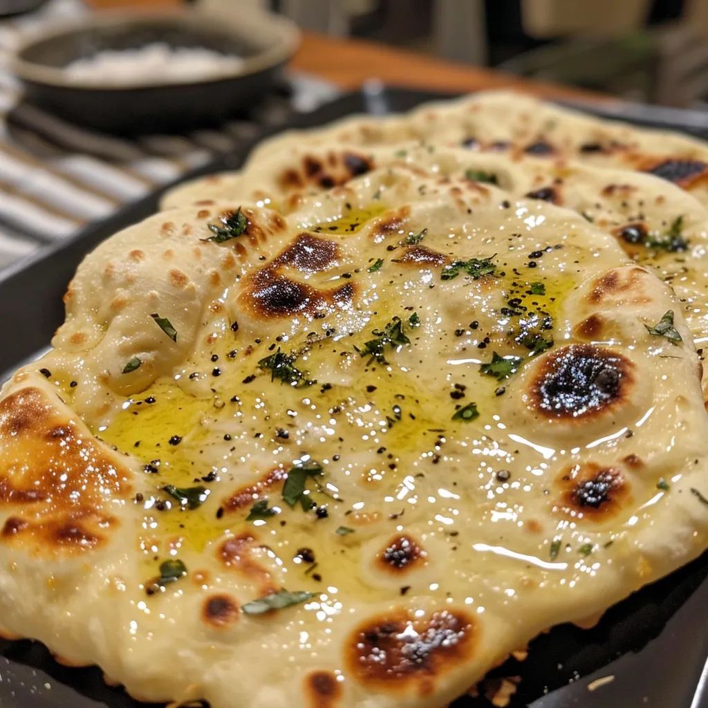 Warm, fluffy homemade flatbread arranged on a wooden surface, showcasing its texture.
