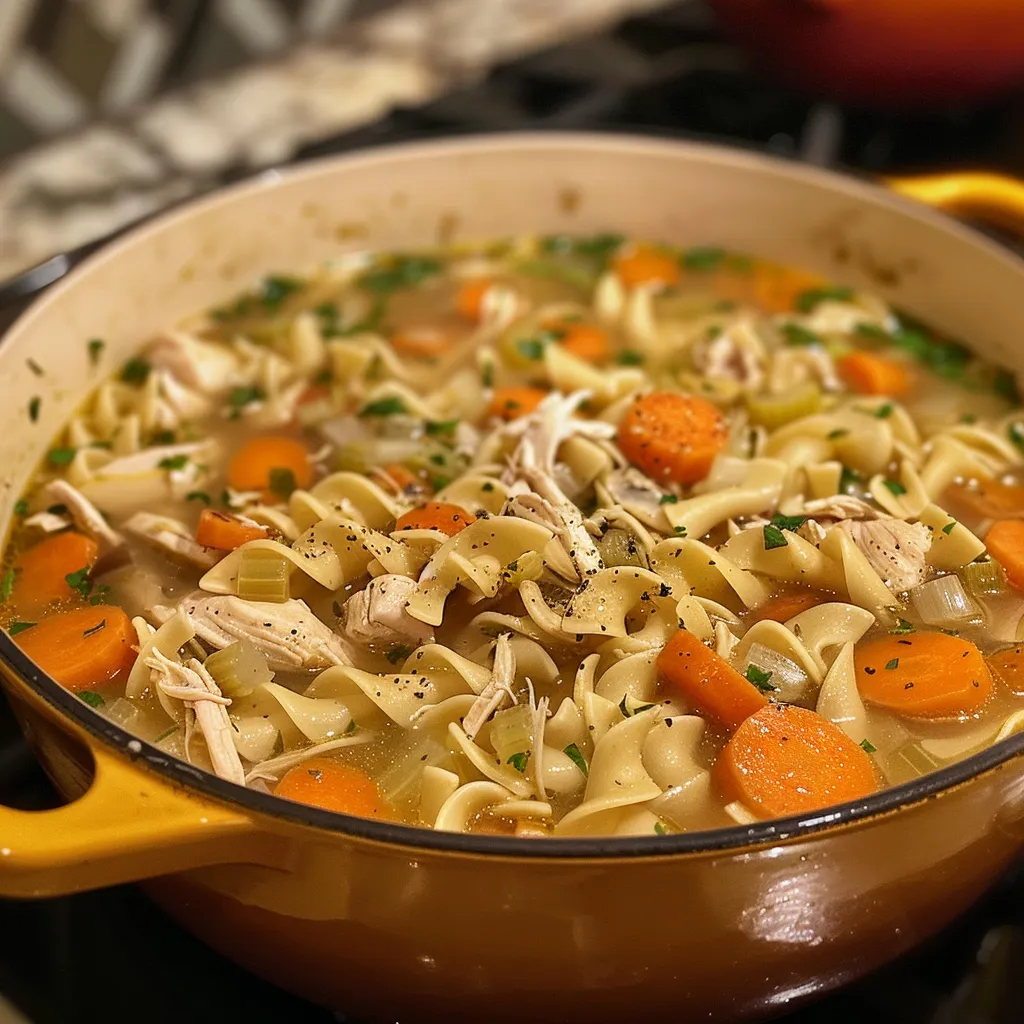 Side view of a vibrant chicken noodle soup showcasing tender chicken, noodles, and colorful vegetables.