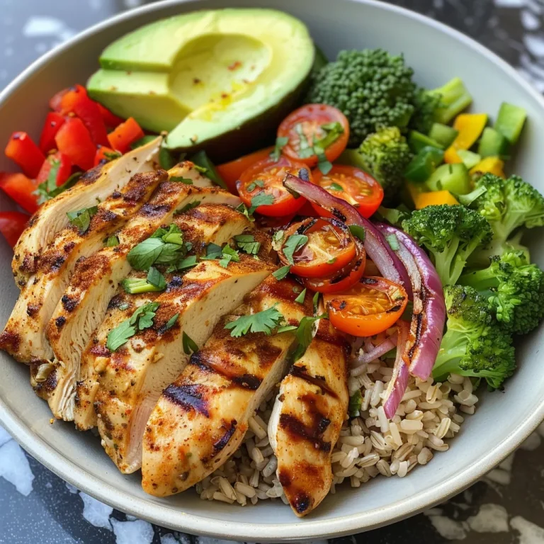 Juicy grilled chicken slices atop a colorful veggie bowl with brown rice and vibrant vegetables.