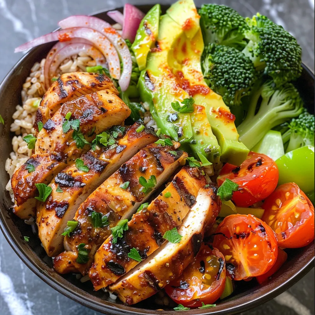 Close-up view of grilled chicken and assorted vegetables in a bowl, showcasing fresh ingredients.