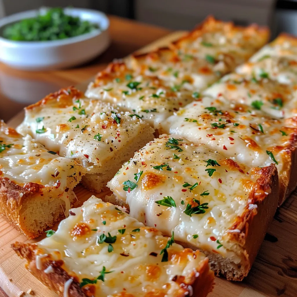 Side view of keto cheesy garlic bread showcasing a gooey, cheesy texture.