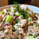 A side view close-up of a bowl filled with Lemon Dill Tuna Salad, featuring bright green dill and chunks of tuna.