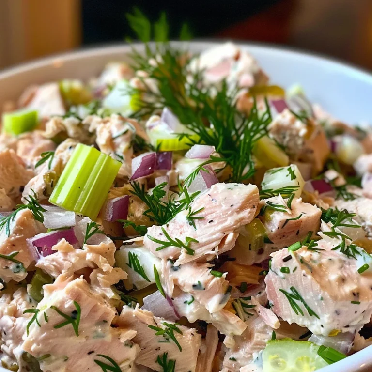 A side view close-up of a bowl filled with Lemon Dill Tuna Salad, featuring bright green dill and chunks of tuna.
