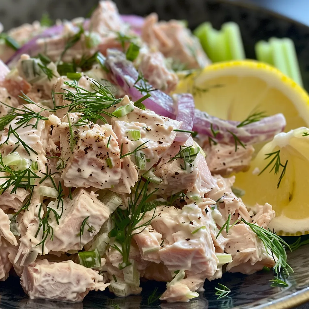 Close-up photo showcasing Lemon Dill Tuna Salad with visible celery, red onion, and a creamy texture.