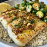A close-up view of a lemon garlic butter cod bowl featuring cod fillets, Brussels sprouts, and quinoa.