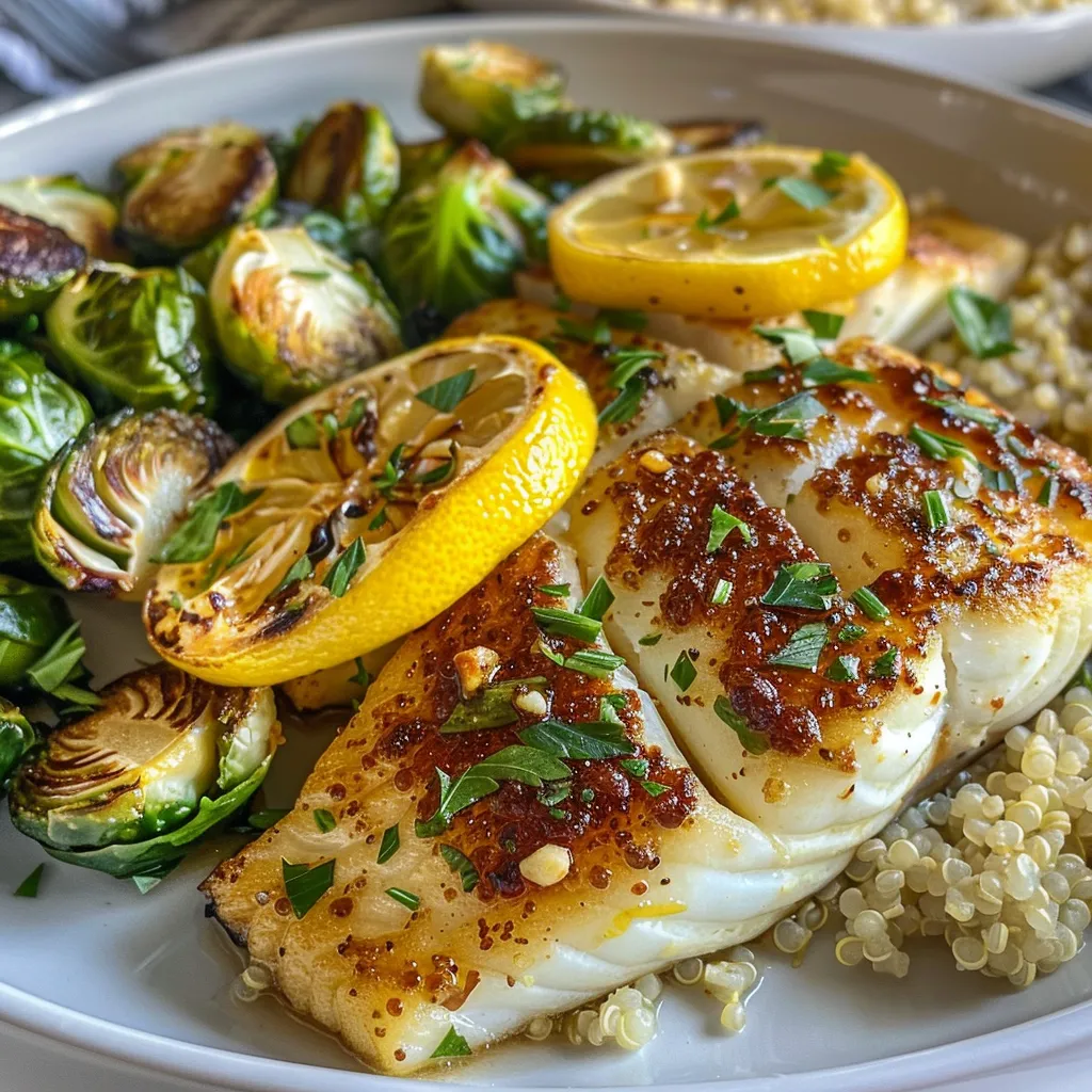 A vibrant lemon garlic butter cod bowl with golden fillets, fresh green Brussels sprouts, and a sprinkle of parsley.