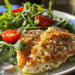 Juicy Lemon Parmesan Chicken garnished with fresh arugula salad, showcasing vibrant colors.