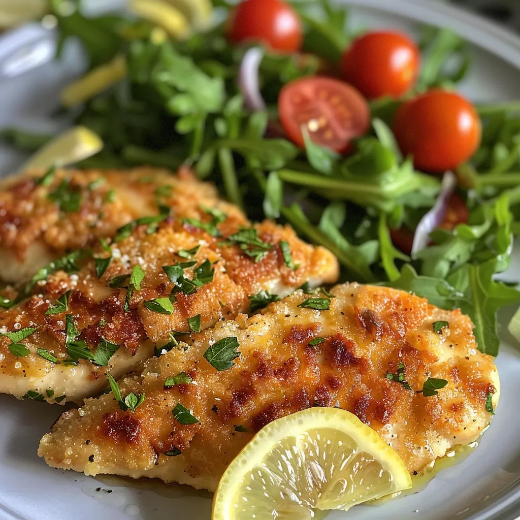 Close-up view of crispy chicken breast topped with a bright green arugula salad and cherry tomatoes.