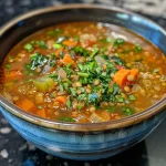 Close-up view of a bowl of lentil soup garnished with fresh parsley.