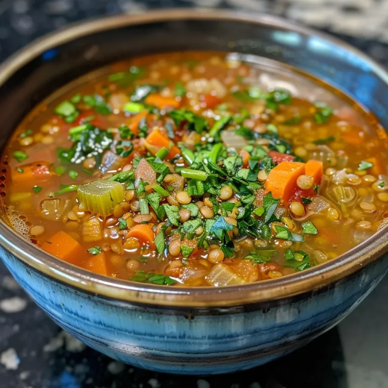 Close-up view of a bowl of lentil soup garnished with fresh parsley.