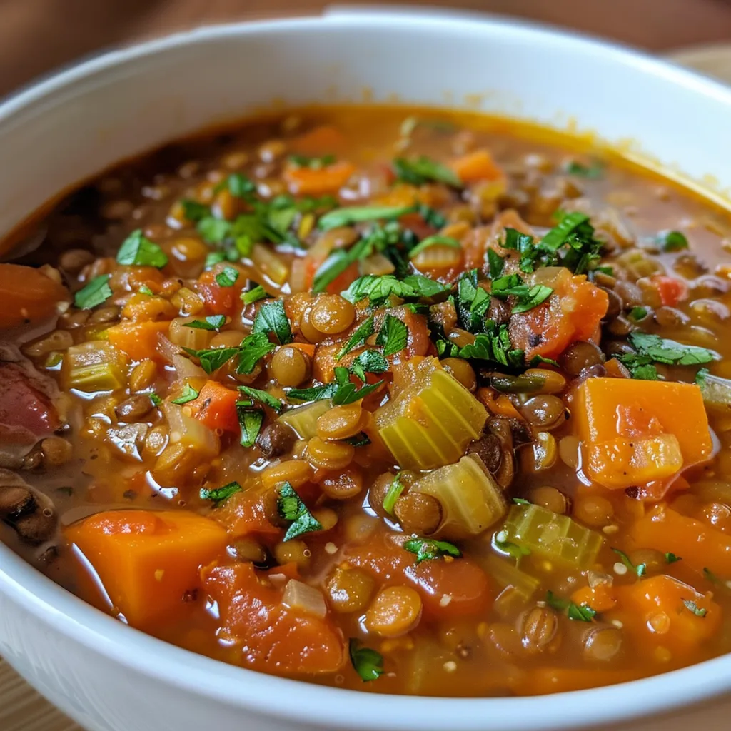 Side view of a steaming bowl of lentil soup with visible vegetables and spices.