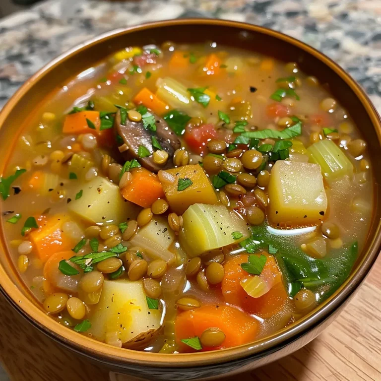 Close-up of a bowl of lentil vegetable soup with vibrant vegetables.