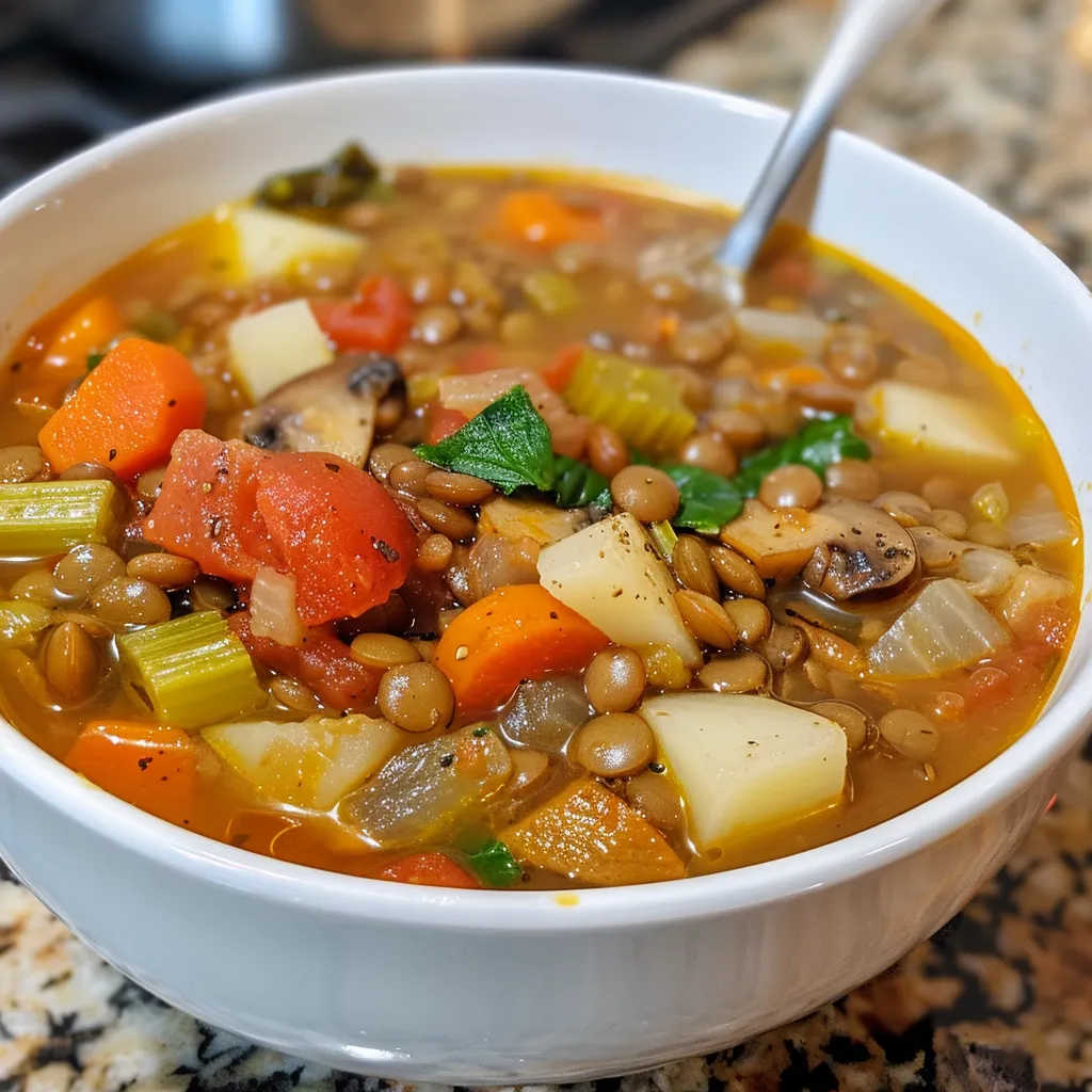 Side view of a hearty lentil vegetable soup with colorful diced ingredients.