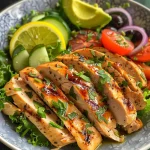 Close-up view of a vibrant Mediterranean chicken salad with colorful vegetables.