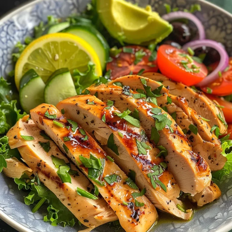 Close-up view of a vibrant Mediterranean chicken salad with colorful vegetables.
