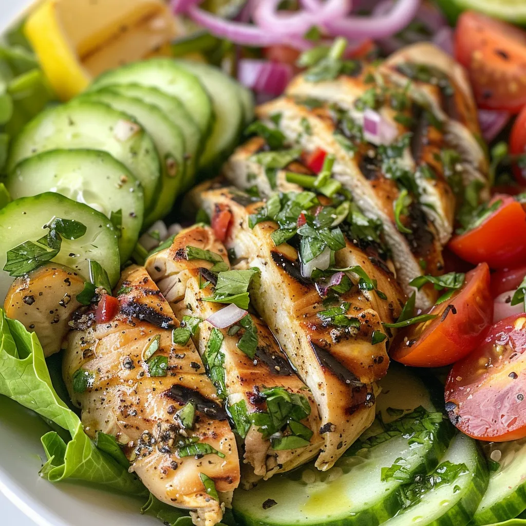 Juicy grilled chicken atop fresh greens, garnished with herbs and olives.