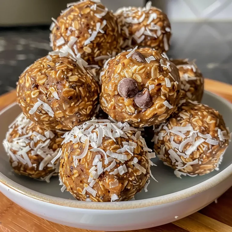 Close-up of peanut butter no-bake energy bites with chocolate chips and coconut flakes.