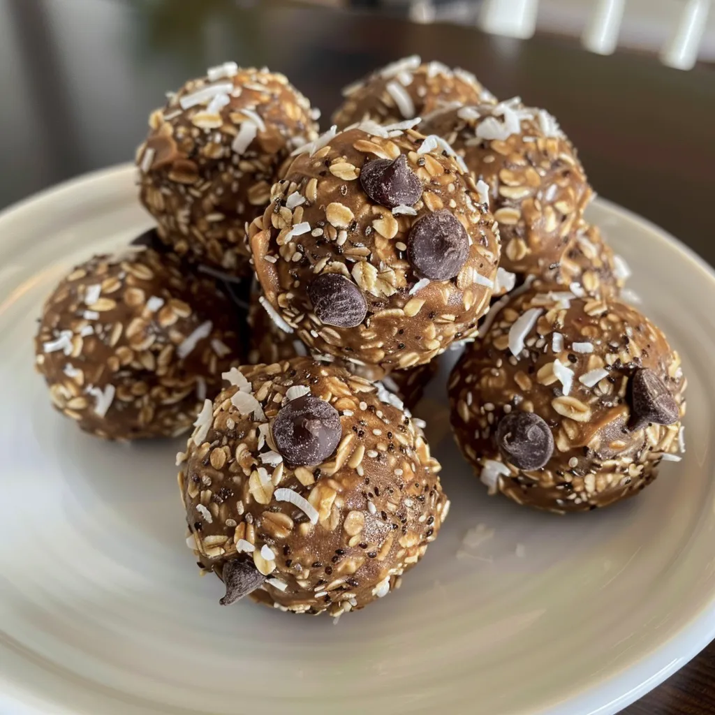Side view of a plate filled with homemade energy bites made from peanut butter and oats.