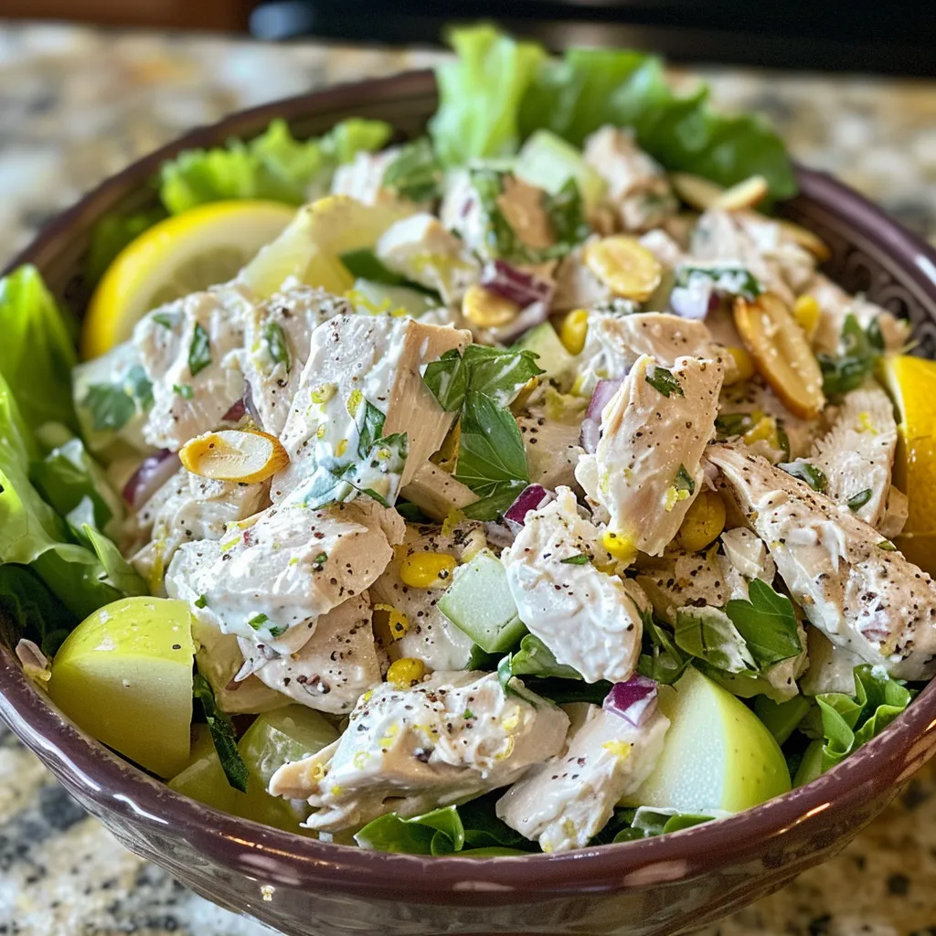 Side view of a vibrant bowl of No Bake Lemon Chicken Salad featuring chicken, celery, and lemon slices.