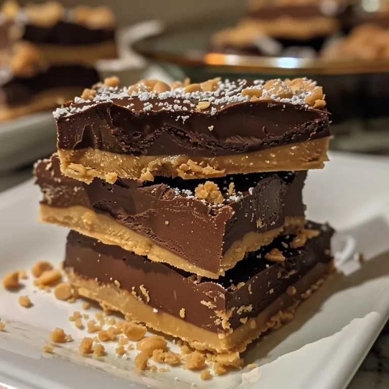 Close-up of No Bake Peanut Butter Buckeye Bars showing creamy layers and a chocolate topping.