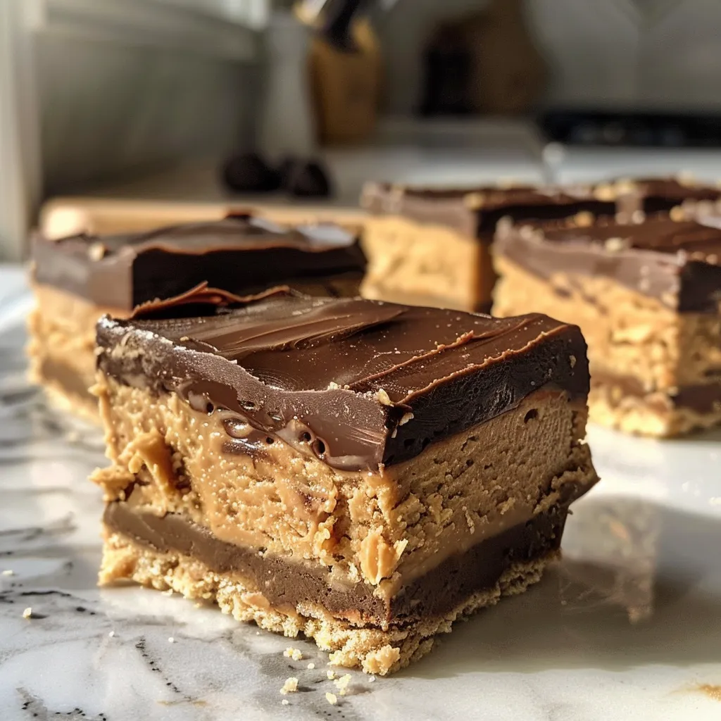 Side view of No Bake Peanut Butter Buckeye Bars with a smooth peanut butter layer and a glossy chocolate finish.