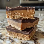 Close-up view of No-Bake Peanut Butter Cup Bars with a drizzled chocolate topping.