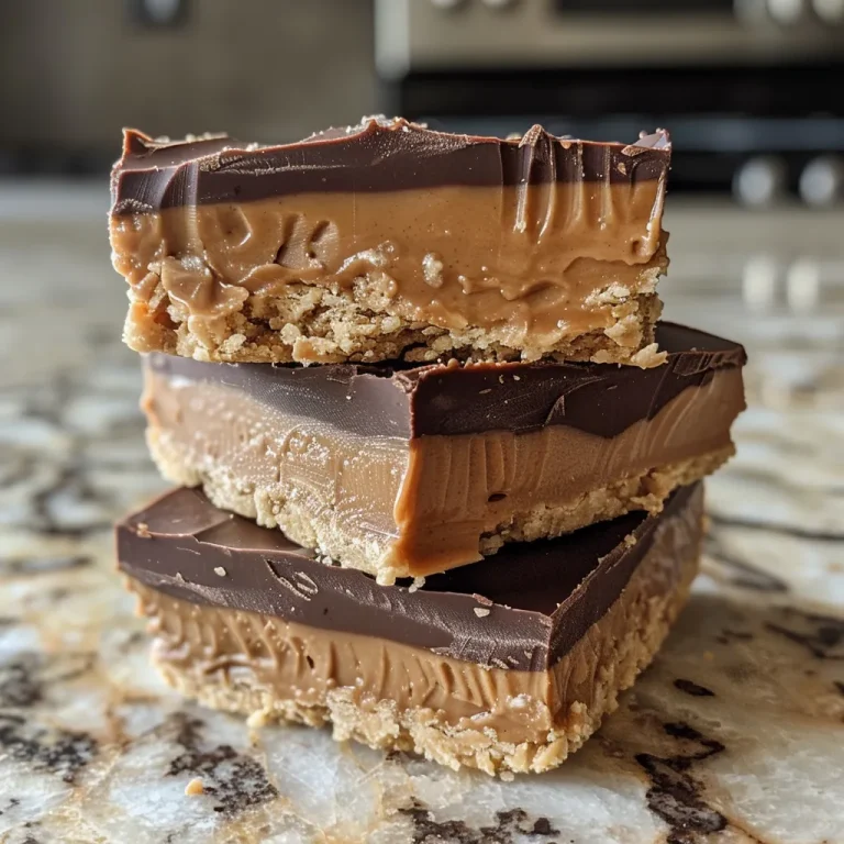 Close-up view of No-Bake Peanut Butter Cup Bars with a drizzled chocolate topping.
