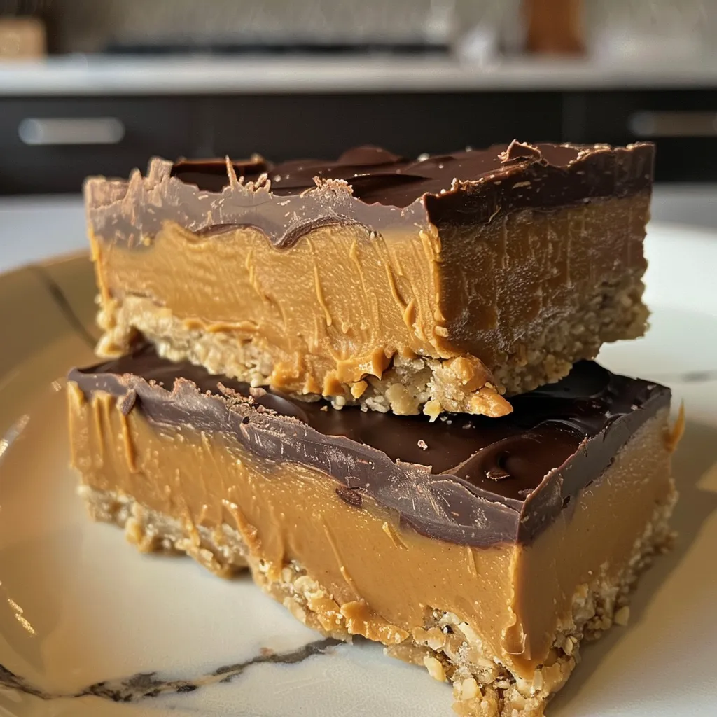 Side view of layered No-Bake Peanut Butter Cup Bars showcasing creamy peanut butter and chocolate.